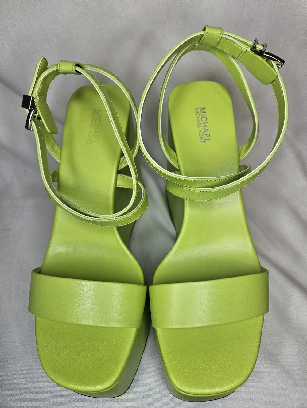 Michael Michael Kors Paola Platform Dress Sandal Bright Limeade Leather Strappy - Picture 3 of 12